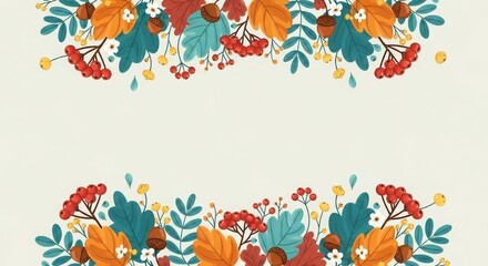 Obraz premium Autumn botanical border design with colorful leaves and berries.