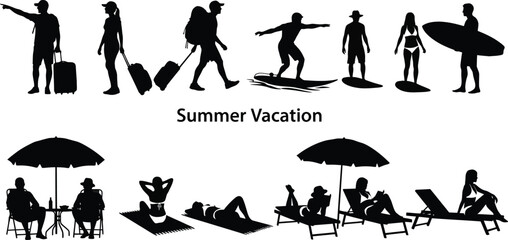 Silhouette Summer Vacation Fun Figures Enjoying Beach and Travel Activities