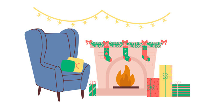 Cozy christmas living room with fireplace and blue armchair