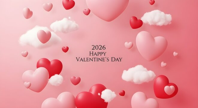Romantic valentines day background with hearts and clouds