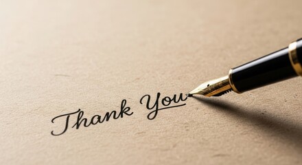Close-up of classic fountain pen writing a 'thank you' message