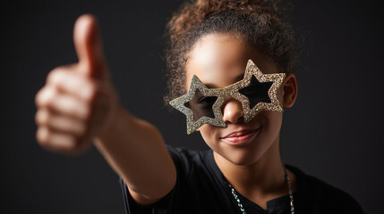 Smiling Black Child Wearing Golden Glitter Star Sunglasses, Giving Thumbs Up on Black Background, Fun Black Friday, New Year Celebration, African Amercian Girl Studio Portrait.