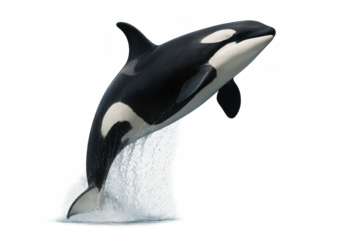 Orca killer whale breaching and jumping out of water, splashing, isolated with transparent background
