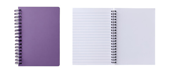 Two closed and open spiral-bound notebooks in a muted purple