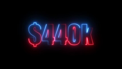 Neon $440K number for finance and success themed animated.Perfect for financial video animation on backgrounds, digital currency, or futuristic money themes.