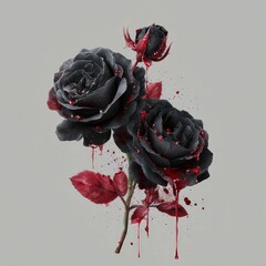 Artistic composition featuring black roses accented with vivid red paint splashes on a clean white backdrop, symbolizing contrast and dramatic visual design.