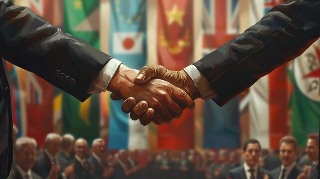 Leaders shake hands at an international summit celebrating global cooperation and diplomacy