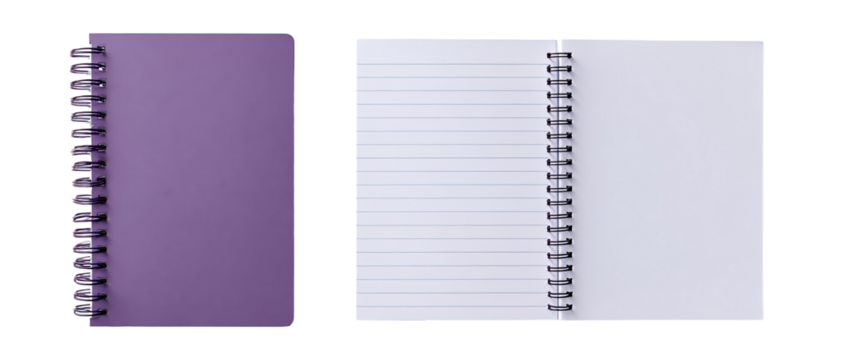 Two closed and open spiral-bound notebooks in a muted purple