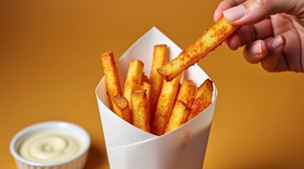 A hand holds a seasoned French fry, with a container of fries and a bowl of creamy dip against a warm orange background.