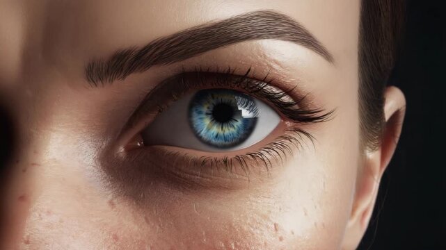 Young Caucasian woman's intense deep gaze. Close-up of makeup blue eyes. Mascara, eye shadow, eyelashes, eyeliner ad. Natural beauty. Retinal identification, biometrics concept