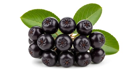Fresh Chokeberries with Green Leaves on White Background.