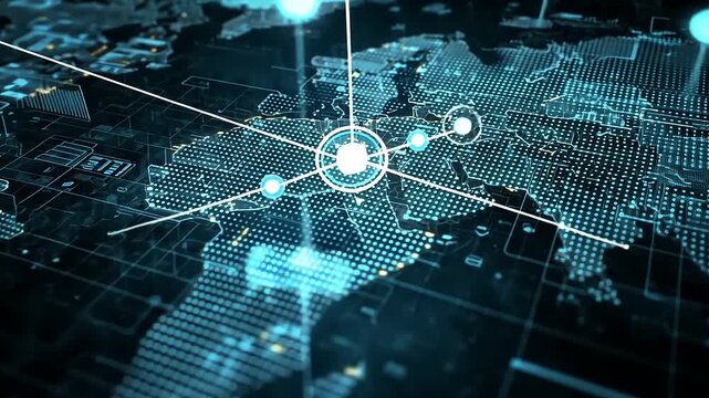 Digital world map with glowing connections and data points, representing global networking and technology - Powered by Adobe