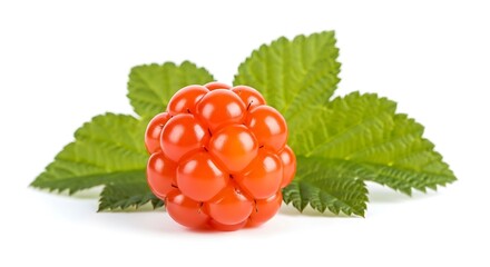 Vibrant Orange Cloudberry Fruit with Fresh Green Leaves.