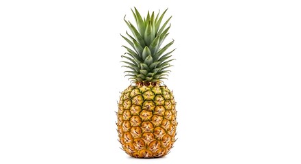 Fresh Whole Pineapple with Green Leaves on White Background.