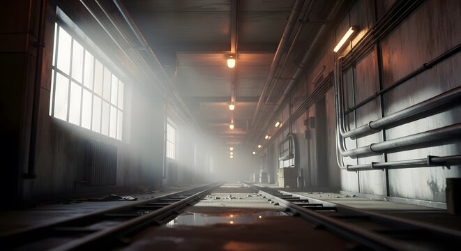 Abandoned industrial interior with dim lights and sunlight