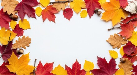 Vibrant autumn leaves frame border with white background space