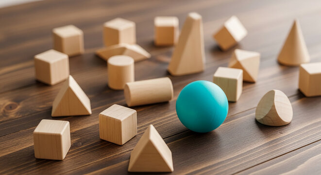 Collection of geometric solid on a wood table. One bright blue sphere stands out among the pale beige wood figures, representing uniqueness, choice