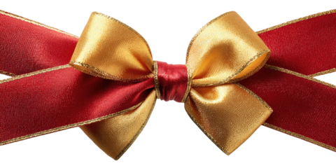 A red and gold satin ribbon bow
