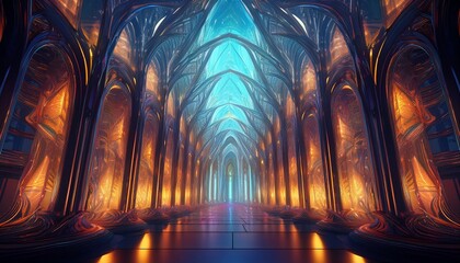a futuristic cathedral built entirely from fractal patterns of glowing light and glass