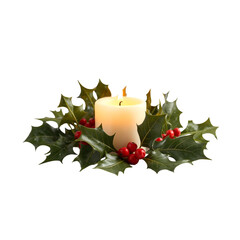 Glowing Pillar Candle with Holly Leaves and Red Berries &ndash; Isolated PNG