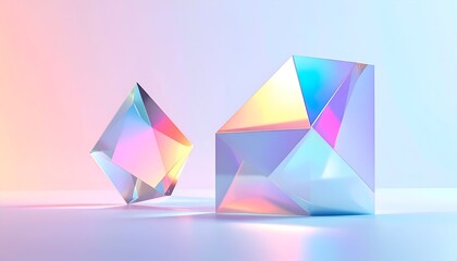 Two iridescent crystal geometric shapes sit, refracting light, with a gradient background