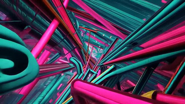 Abstract view of colorful twisted pipes creating a surreal tunnel effect with vibrant lighting