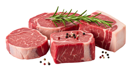 Four raw beef steaks with rosemary and peppercorns on a dark surface isolated on a transparent background