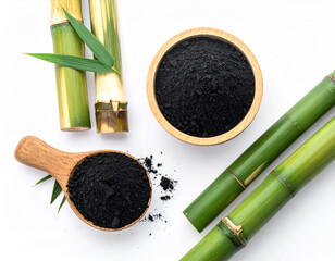 natural composition features several pieces of black charcoal chunks and a wooden bowl filled with fine black charcoal powder. A small wooden scoop holds more powder, and fresh green bamboo leaves add