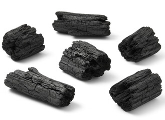 natural composition features several pieces of black charcoal chunks and a wooden bowl filled with fine black charcoal powder. A small wooden scoop holds more powder, and fresh green bamboo leaves add