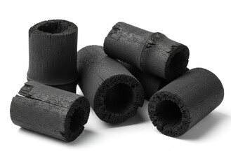 natural composition features several pieces of black charcoal chunks and a wooden bowl filled with fine black charcoal powder. A small wooden scoop holds more powder, and fresh green bamboo leaves add