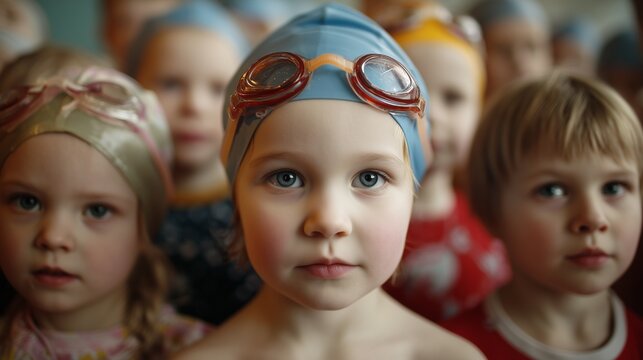 A group of excited children, wearing colorful swimming caps and goggles, gathers closely before their swimming lesson. These young swimmers display enthusiasm and readiness for the