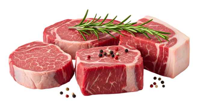 Four raw beef steaks with rosemary and peppercorns on a dark surface isolated on a transparent background