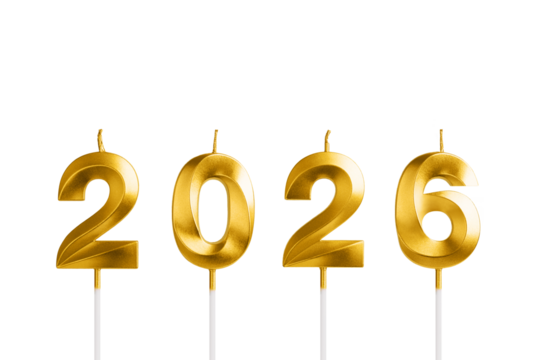 Golden candles with numbers forming 2026 isolated on a transparent background - Powered by Adobe