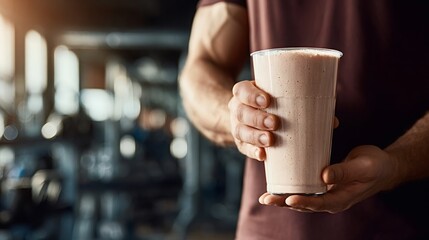Muscular man holding a nutritious protein shake in a plastic cup, refueling with a supplement after an intense gym workout for muscle recovery and fitness