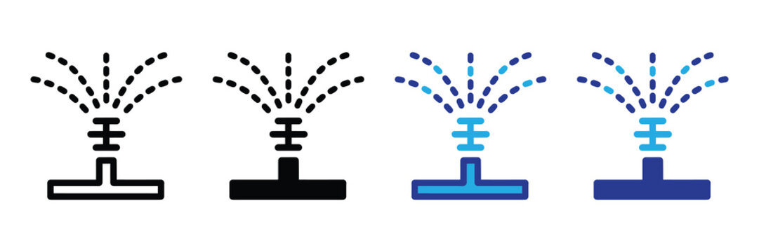 Set of four irrigation sprinkler icons in different styles, symbolizing watering, agriculture, gardening, and lawn care, clean and modern design elements