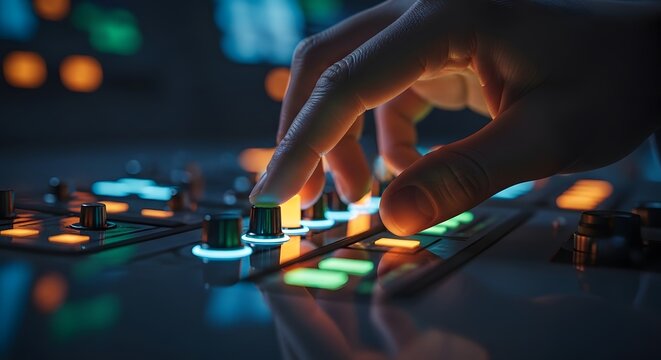 Hand adjusting audio mixing console in modern studio 