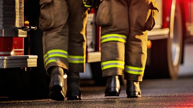 A firefighter walks towards a fire truck with sirens blaring and lights flashing, ready to respond to an emergency