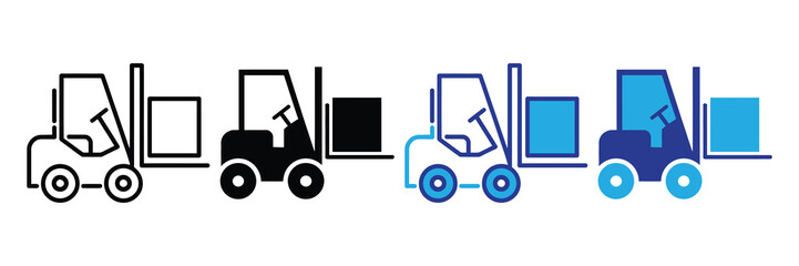 Set of forklift icons illustrating logistics and material handling with boxes in various styles: outline, solid black, and blue color variations, isolated on white