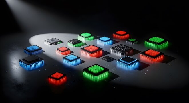 Glowing vibrant electronic components arrangement under spotlight - Powered by Adobe