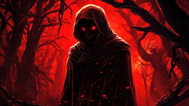 Digital illustration grim reaper standing dark eerie forest death in the form