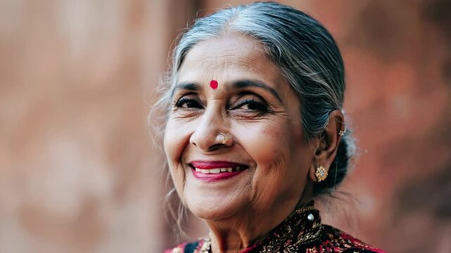 Close-up portrait of eldery senior Indian woman with gray hair. Concept of age acceptance. Fashionable grandmother with wisdom in eyes. Natural aging without surgery or facelifts	