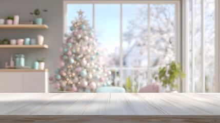 Blurred modern living room background with Christmas tree and empty white wooden table for product placement