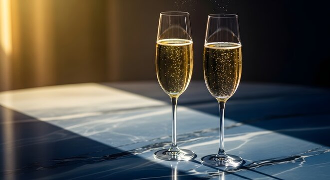 Celebration with two champagne glasses on marble table in sunlight for elegant occasions