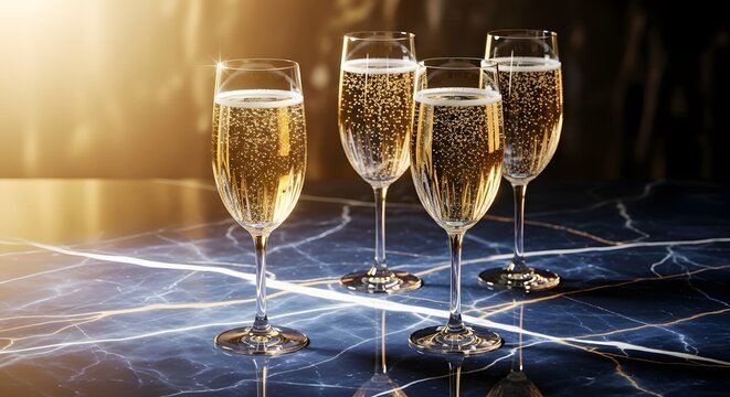 Elegant celebration with four sparkling wine glasses on marble table for special occasions