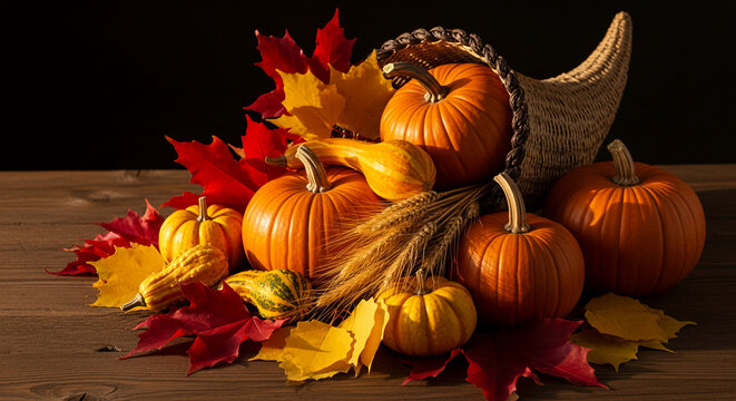 Still life with orange pumpkin, yellow gourd, colorful leaves and woven cornucopia on a wooden table, showcasing autumn abundance and Thanksgiving theme
