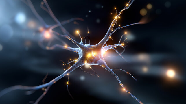 Defocused fractal pattern of synthetic neuron lights branching across a metallic core, minimal detail with strong atmospheric glow, faceless tech concept, with copy space