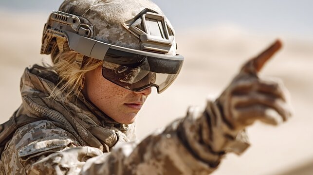 Female soldier in military camouflage and tactical helmet using advanced augmented reality technology in a desert environment, pointing forward with a gloved hand