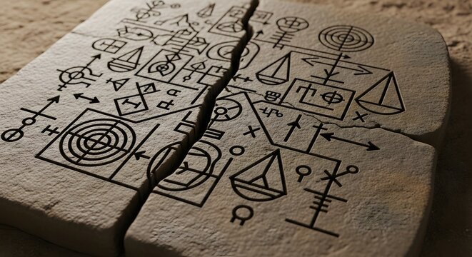 Broken stone tablet with ancient symbols - Powered by Adobe