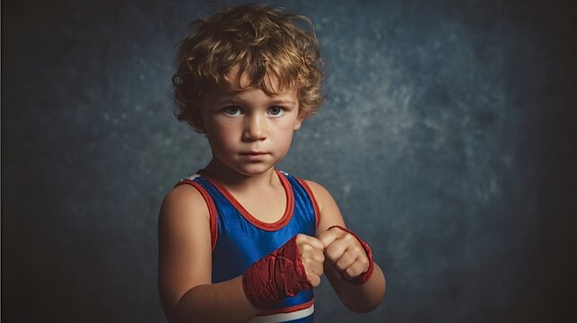 Young boy with curly red hair, dressed in a blue and red wrestling singlet and wearing red hand wraps, standing with clenched fists and a determined expression in a studio portrait