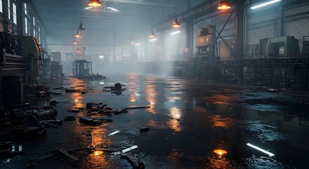 Industrial factory floor with dim light and water reflections